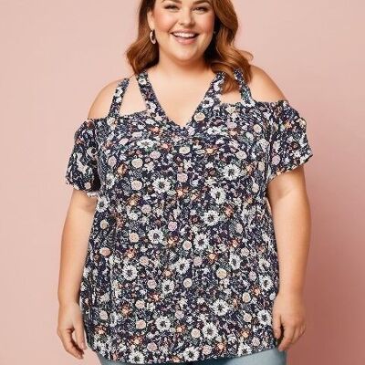 Plus size blue floral pattern top (C6204&BLUE)