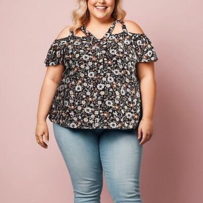 Plus size black floral pattern top (C6204&NOIR)