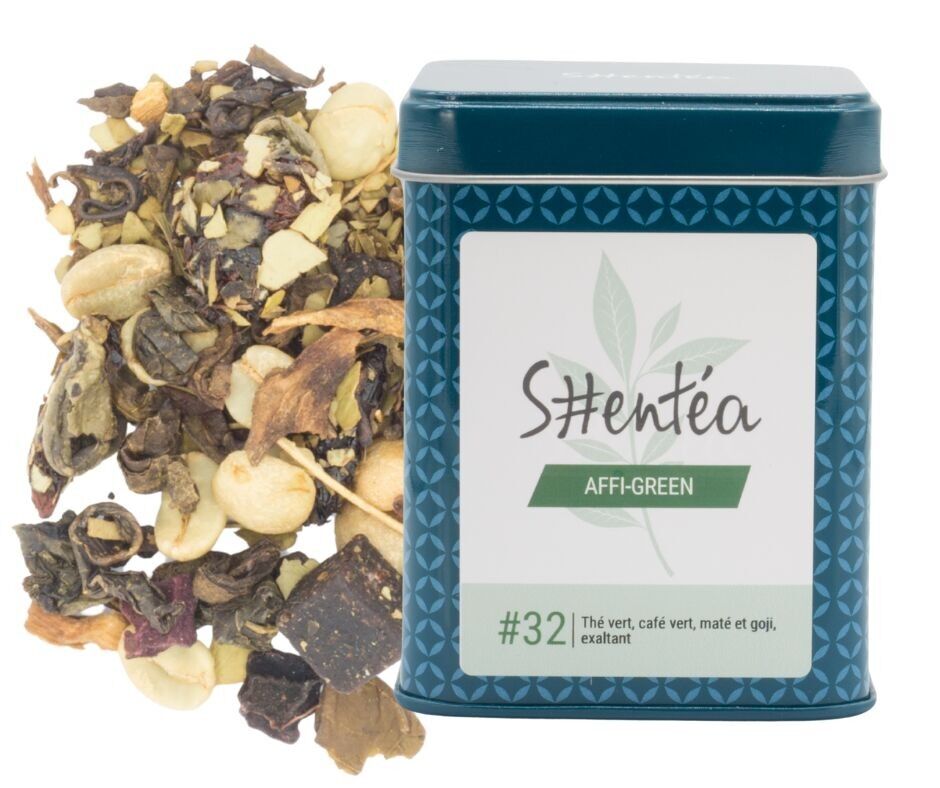 Aromatisierter Grüntee – Grüner Tee, Grüner Kaffee, Goji und Mate – AFFI GREEN – 100 g – Premium-Loseblätter, Metalldose