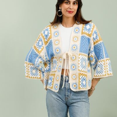 Multicolor Crochet Vest – 3/4 Sleeves & Retro Square Pattern