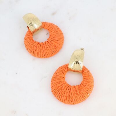 Dangling earrings - textured ring and round piece covered in synthetic raffia