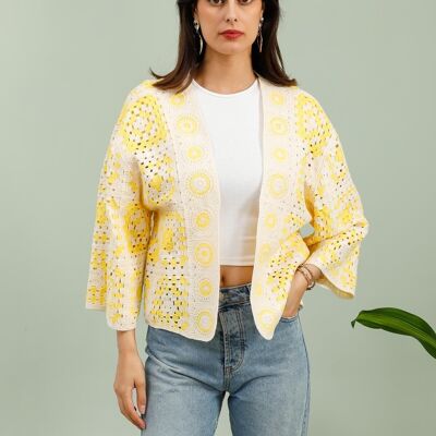Sun Yellow Crochet Vest – 3/4 Sleeves & Vintage Details