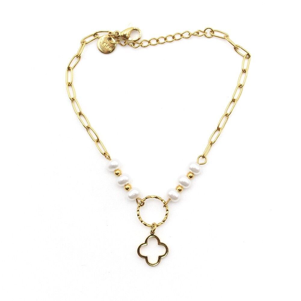 Steel bracelet with pearls and clover