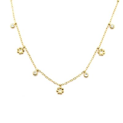 Steel necklace with gold tassels and rhinestones