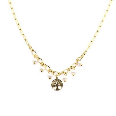 Steel necklace with pearls and tree of life