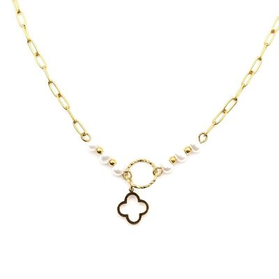 Collier acier perles et trèfle