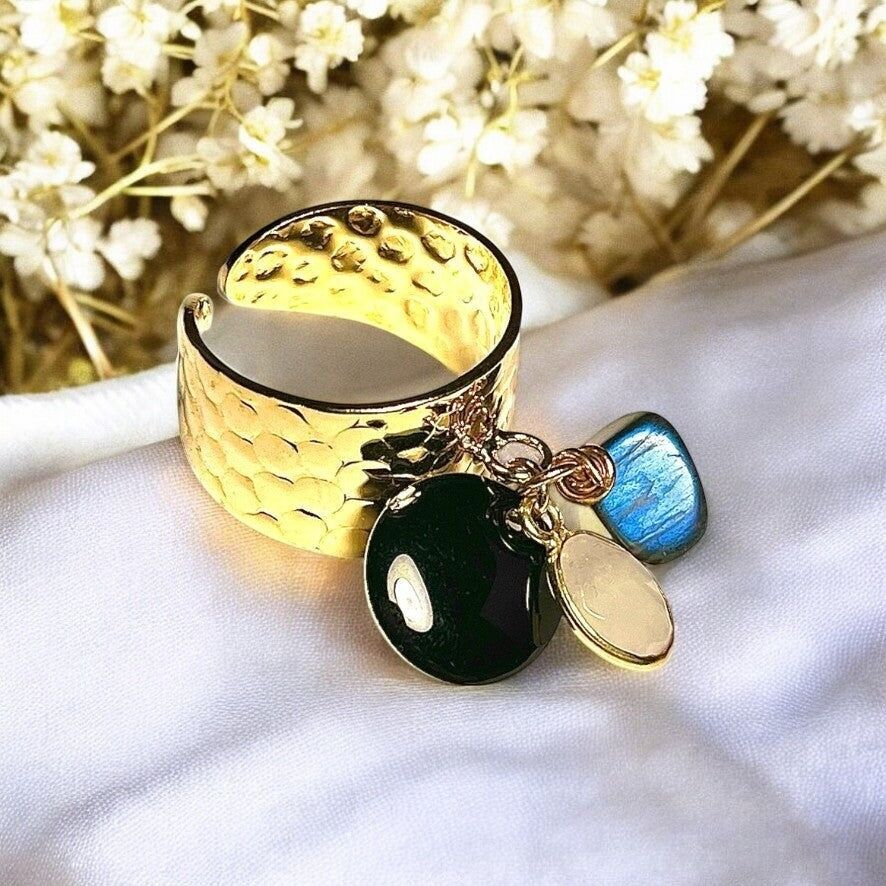 Anello "CHLOE" placcato oro pregiato con pietra di luna labradorite e paillettes smaltate