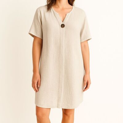 cheesecloth 100% cotton notch neck dress with decorative button