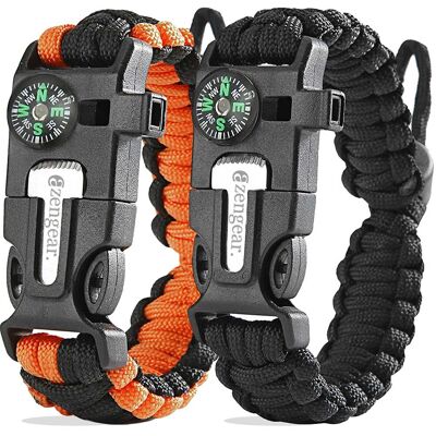 Bracelet de survie en paracorde (5 en 1) : allume-feu en silex et acier, sifflet, boussole, mini-scie