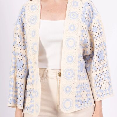 Sky Blue Flower Crochet Vest – 3/4 Sleeves & Bohemian Style
