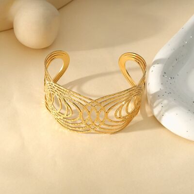 Gold Open Cuff Bracelet with Multi-Circle Cross Pattern