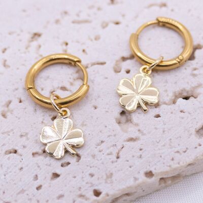 Earrings clover creoles cloverleaf 18k gold plated - light ear studs lucky golden