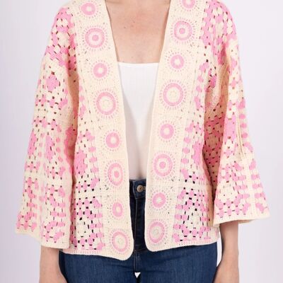 Gilet Crochet Fleur Rose & Écru – Manches 3/4 & Carrés Granny