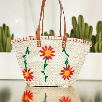 Natural Palm Flowers Basket – Handmade Tote with Leather Handles, 28×46×15 cm, Made in Morocco