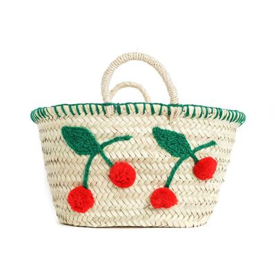 Mini Palm Basket with Embroidered Cherries – Handmade Tote Bag, 17×33×13 cm, Made in Morocco