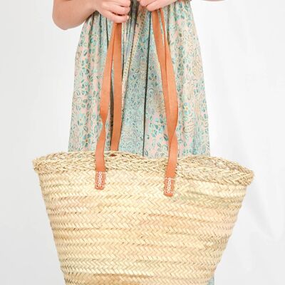 Natural Palm Basket with Openwork Edge – Handmade Tote with Leather Handles, 32×47×16 cm, Made in Morocco