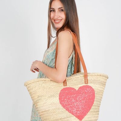 Natural Palm Basket with Sequin Heart – Handmade Tote in Multiple Colors, 34×54×20 cm