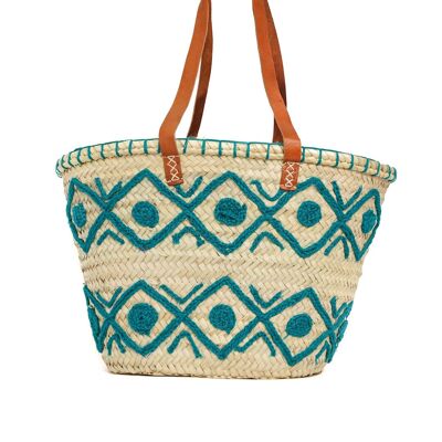 Embroidered Rhombus Palm Basket – Handmade Tote Bag with Leather Handles, 29×45×17 cm