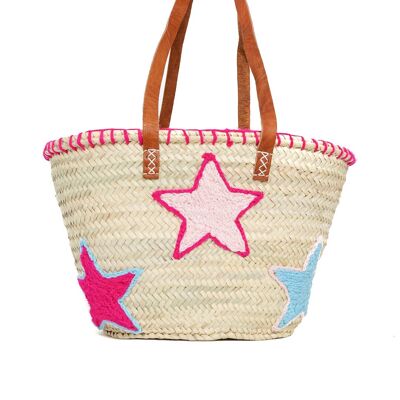 Natural Palm Basket with Embroidered Stars – Handmade Tote