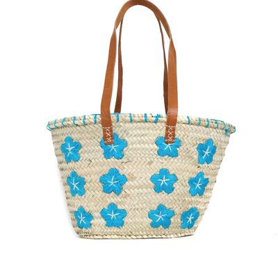 Natural Palm Basket with Embroidered Flowers – Handmade Tote