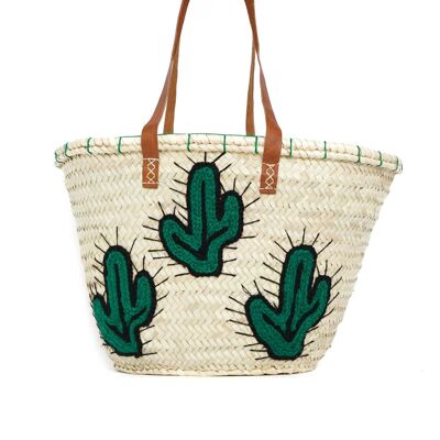 Natural Palm Basket with Embroidered Cactus – Handmade