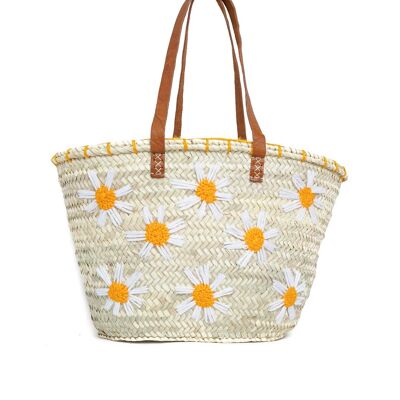 Cesta de margaritas de palma natural – Bolso marroquí hecho a mano con asas de cuero, 29×45×15 cm