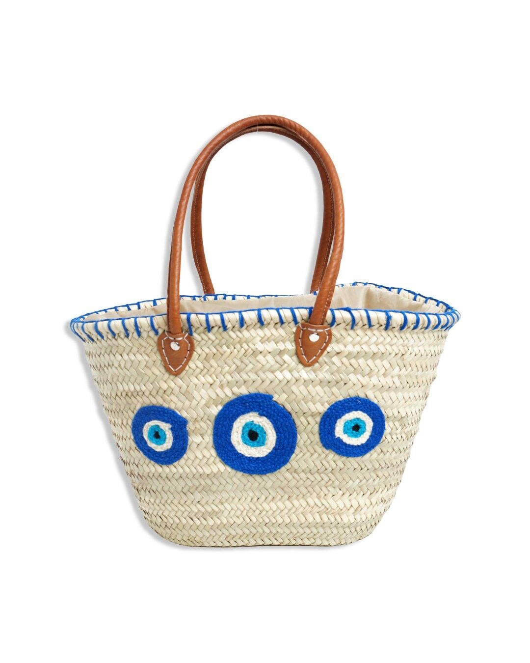 Cestino di palma anti-malocchio – Borsa marocchina fatta a mano con manici in pelle, 46×28×16 cm