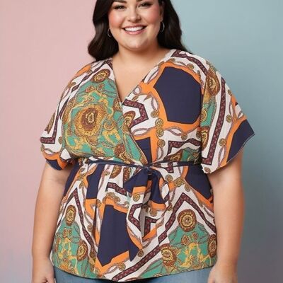Blouse cache cœur grande taille imprimé foulard vert (C6208&VERT)