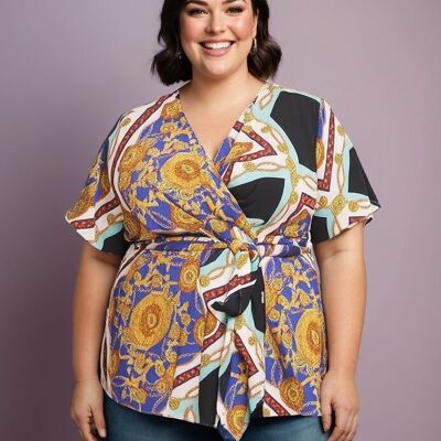 Blouse cache cœur grande taille imprimé foulard bleu (C6208&BLEU)