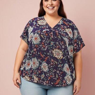 Top grande taille imprimé fleuri bleu (C6219&BLEU)