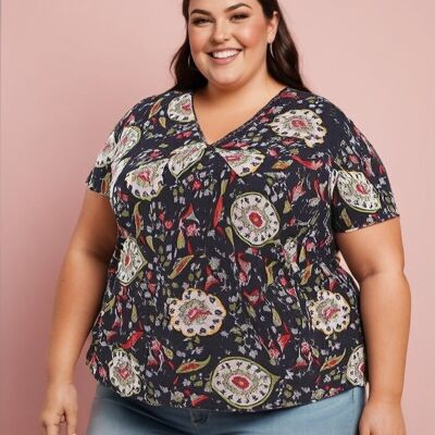 Top grande taille imprimé fleuri noir (C6219&NOIR)