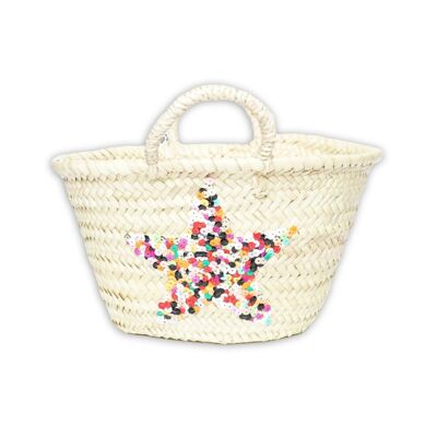 Cestino di palma medio con paillettes a stella – Borsa marocchina fatta a mano, 17×30×11 cm