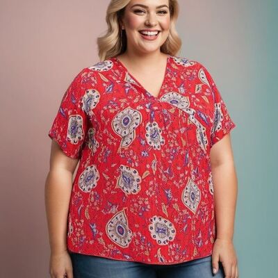 Plus size red floral print top (C6219&RED)