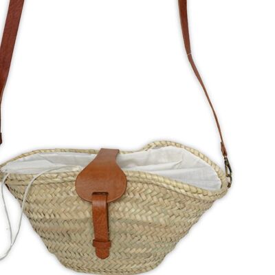 Brown Leather Buckle Palm Basket – Handmade Moroccan Tote with Adjustable Strap, 38×18×13 cm