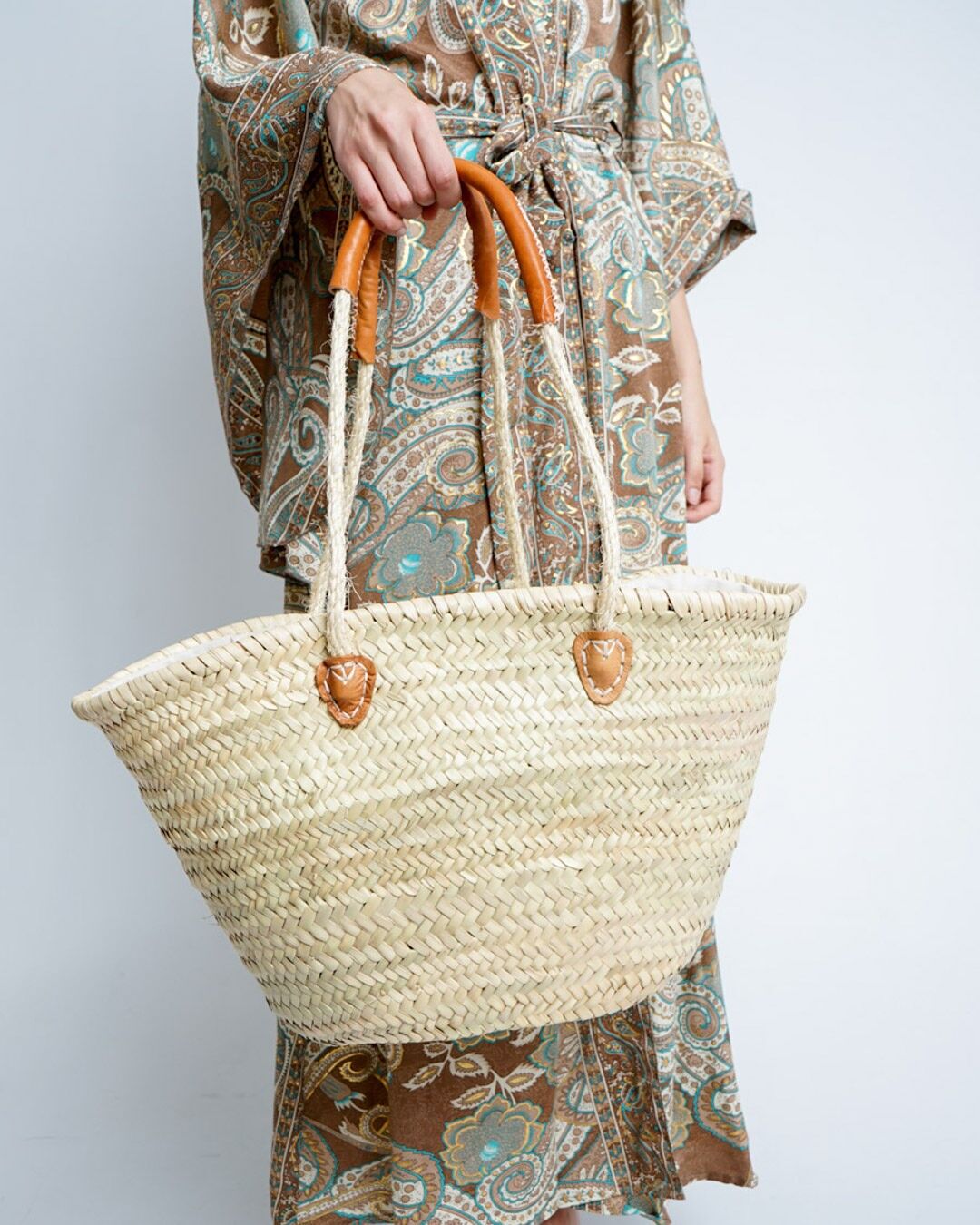 Asa Palm Basket – Handmade Moroccan Beach Bag with Raffia Straps and Leather Handles, 52×30×14 cm
