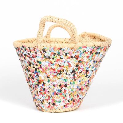 Small Palm Basket with Multicolor Sequins – Handmade Moroccan Tote with Short Handle, 25×17×12 cm
