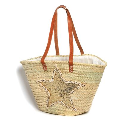 Agadir Beach Basket with Shells – Handmade Moroccan Palm Tote, 50×31×15 cm