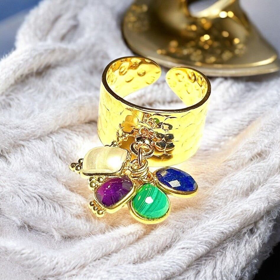 Anello "LOUISE" placcato oro pregiato con Ametista Lapislazzuli Malachite e pietre bianche di madreperla