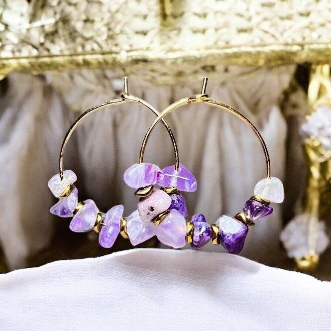 Orecchini "SANDRINE" con Ametista ed Ematite in acciaio placcato oro