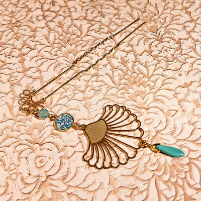 Hairpin leaf flower pearls retro bohemian chic turquoise gold Mother's Day Gift Idea - Mom Gift