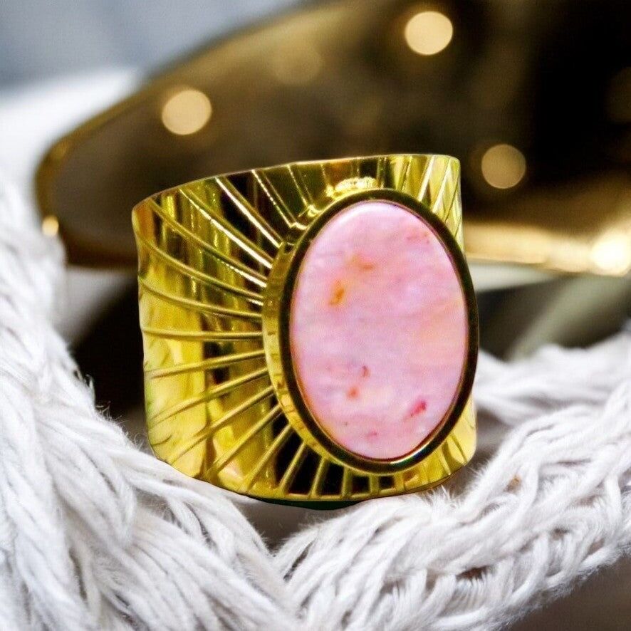 Anello adattabile "ELODIE" in acciaio inossidabile con pietra Agata rosa naturale