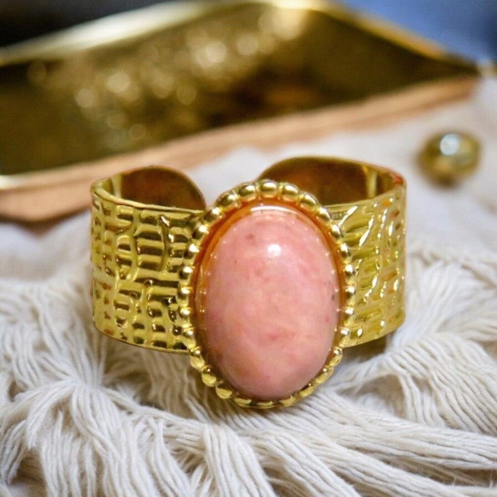 Anello adattabile "CAROLE" in acciaio inossidabile con pietra naturale Rodonite