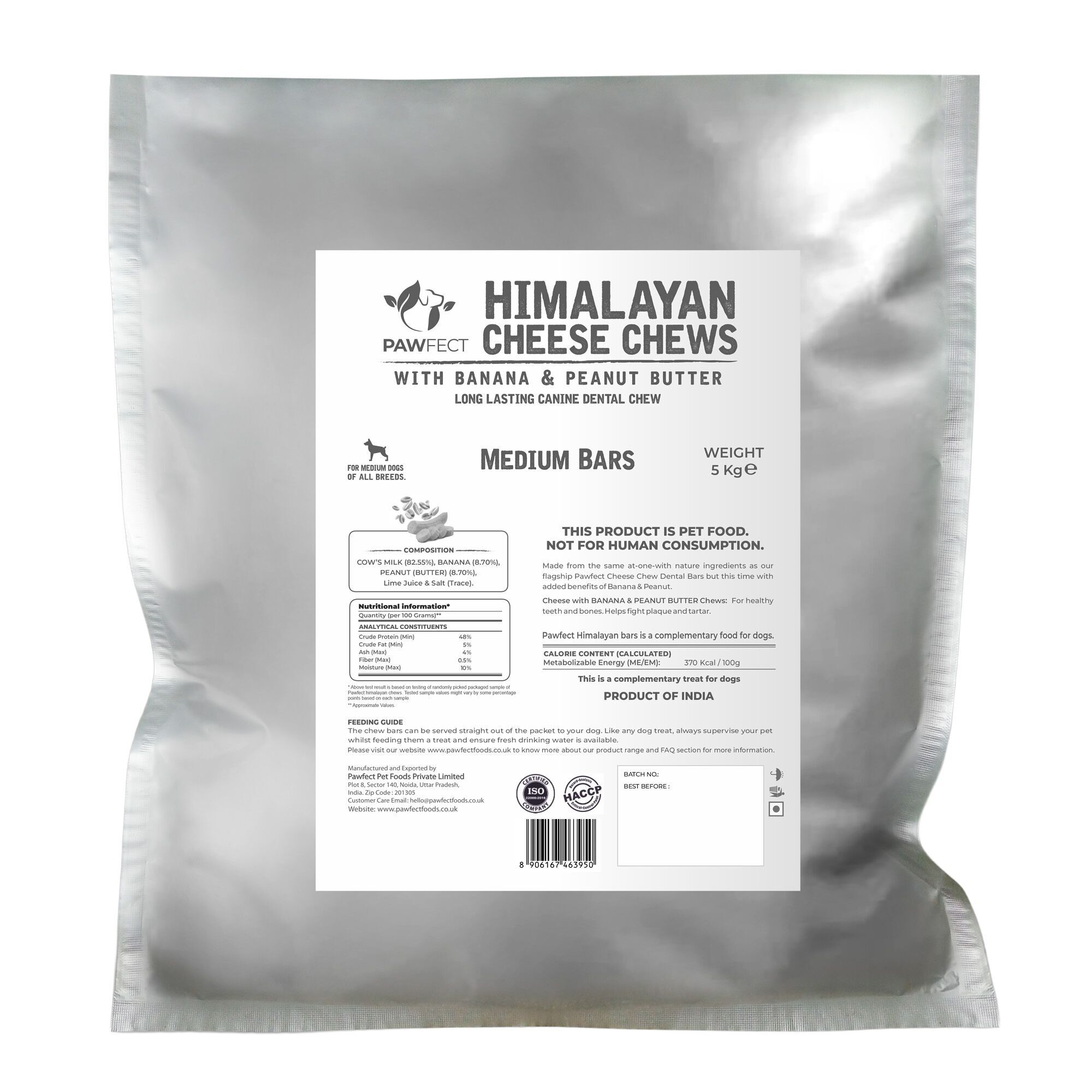 Pawfect Himalayan Cheese Chews con burro di arachidi e banana per cani di taglia media | Stick dentale 100% naturale e di lunga durata | Ricco di proteine e calcio | Snack dentale quotidiano | Confezione sfusa (5 kg/176,5 kg)37 once)