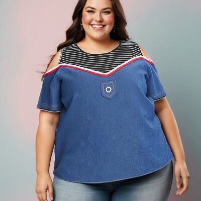 Plus size imitation denim t-shirt (C6220&BLUE)