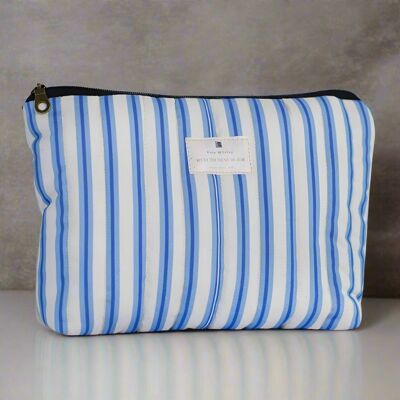 Grande trousse de toilette matelassée faite main, rayures bleues Santorin