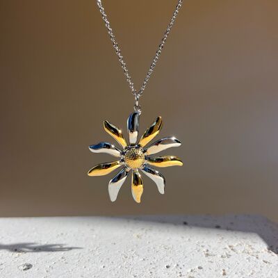 Sunflower necklace two-tone flower pendant stainless steel