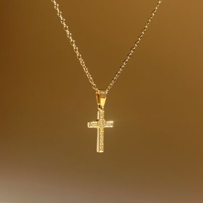 Minimalist cross necklace with rhinestones in stainless steel