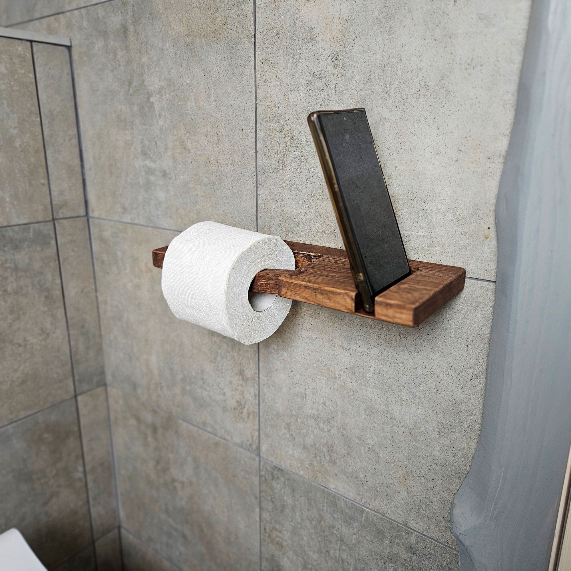 Rustic Wooden Toilet Paper Holder for Wall Mount Bathroom Decor, Farmhouse Style, Small Space Storage