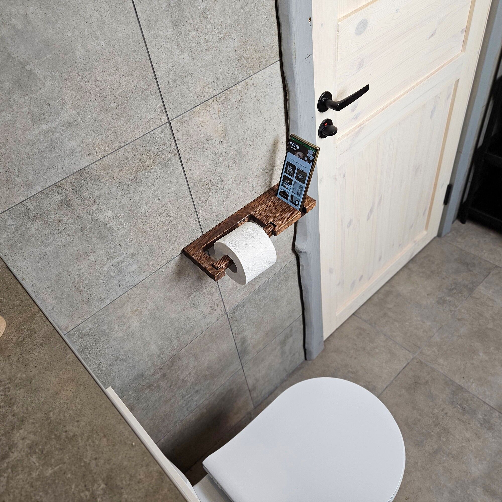 Rustic Wooden Toilet Paper Holder for Wall Mount Bathroom Decor, Farmhouse Style, Small Space Storage