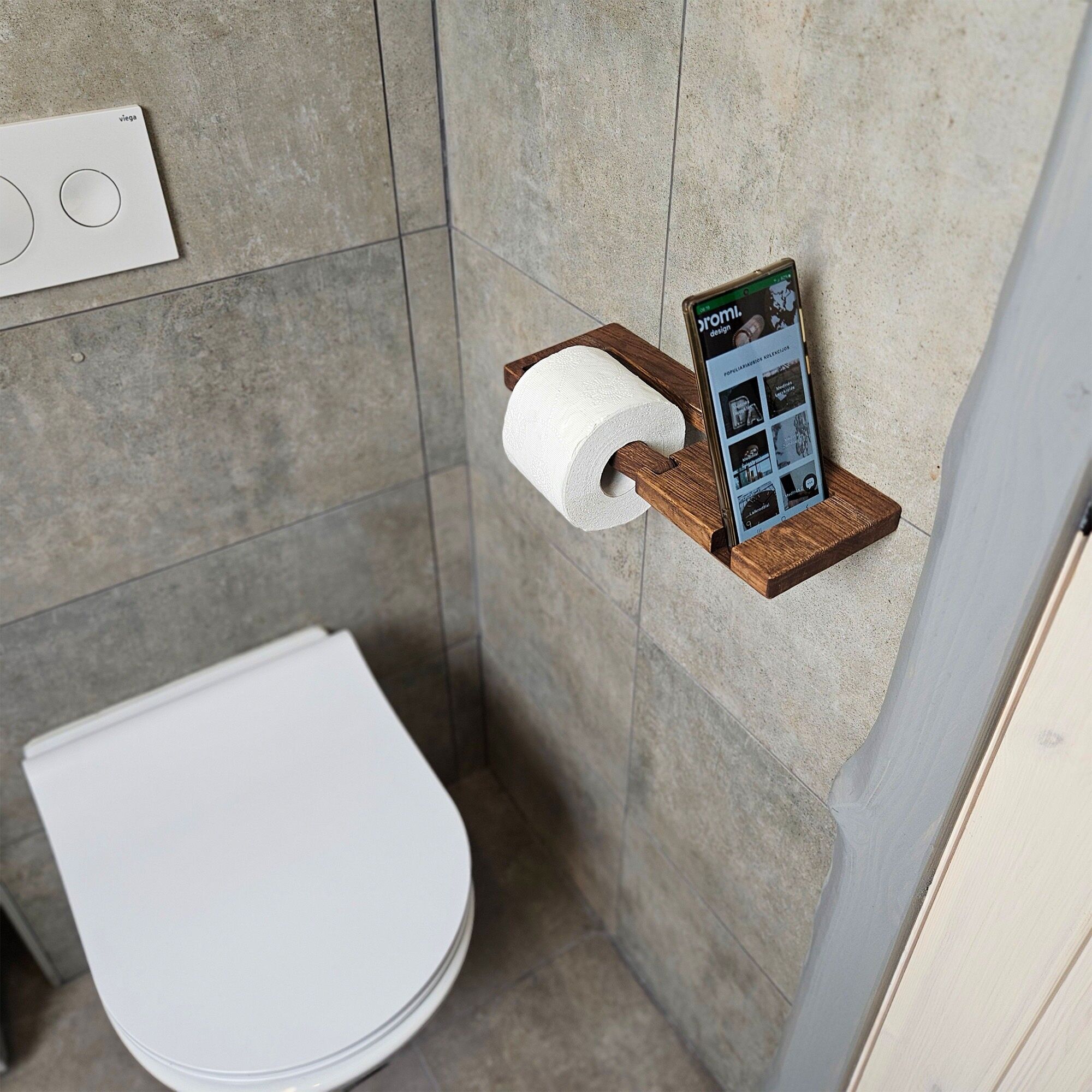 Rustic Wooden Toilet Paper Holder for Wall Mount Bathroom Decor, Farmhouse Style, Small Space Storage